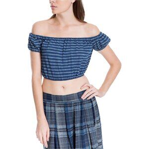 MAX STUDIOS LONDON‎ Womens Top XLarge Crop 100% Cotton Off The Shoulder Blue y2k